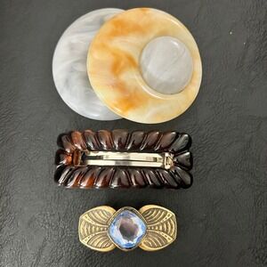 Vtg Hair Barrette Set Tortoise Marbled Blue Stone 3pc Small Large Cottagecore